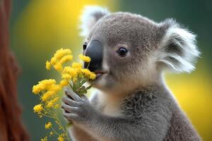 Koala smells a flower in a spring meadow Content photo