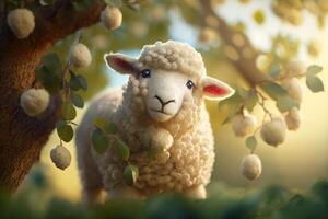 Cute and Funny Woolen Sheep Among Apples in a Lush Summertime Apple Tree photo