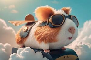 Cute funny illustration of flying guinea pig in fantasy world with clouds and blue sky photo