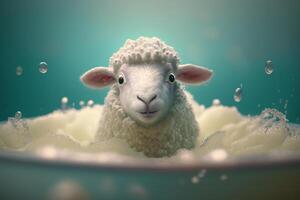 Cute and Funny Woolen Sheep in a Bathtub with Lots of Bubbles on Bath Day photo