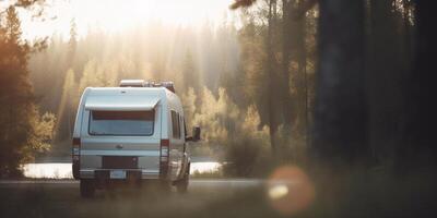 en el la carretera con nuestra camper camioneta un soleado viaje mediante verde bosques ai generado foto