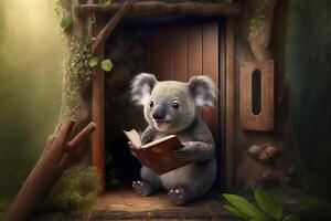 Koala sits in a tree house and reads a book Content photo