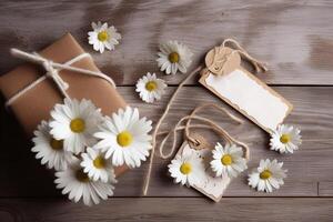 de la madre día regalo floral arreglo con tarjeta en de madera mesa en sepia tono ai generado foto