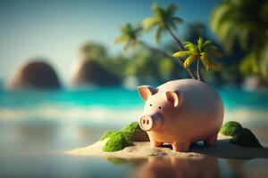 ahorros cerdito con un tropical isla antecedentes - ahorro arriba para el Perfecto vacaciones ai generado foto