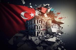 Turkish Flag amidst earthquake rubble - Symbol of Resilience and Unity photo