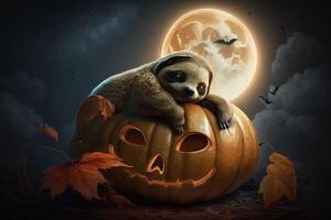 Exhausted tired sloth has fallen asleep on a Halloween pumpkin photo