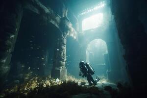 explorador el antiguo hundido restos diversos debajo el olas ai generado foto