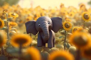 pequeño elefante teniendo divertido en un girasol campo ai generado foto