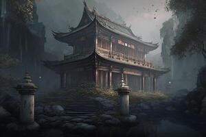 Mystical Morning Mist A Chinese Pagoda Temple in Foggy Ambience photo