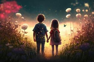 Illustration of a little boy and girl in a fantasy world holding hands from behind photo