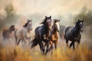 Grazing Horses on a Sepia-toned Meadow An Aquarelle Painting photo