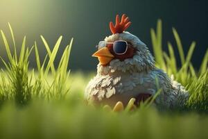 frío fuera en el verde un gracioso pollo con Gafas de sol descansando en el césped ai generado foto