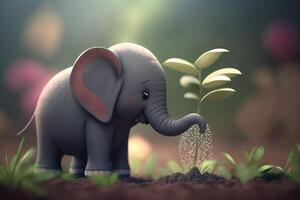 The Little Gardener Elephant Watering a Plant with His Trunk photo