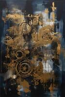 Industrial Fusion A Captivating Large Canvas Painting with Collages, Paint, and Blue-Sepia Hues photo