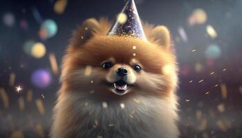 pomeranio cachorro fiestas resistente en sombrero en festivo ocasión ai generado foto