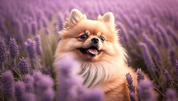 Pomeranian Pup Ponders in a Picturesque Purple Paradise of Lavender Fields photo