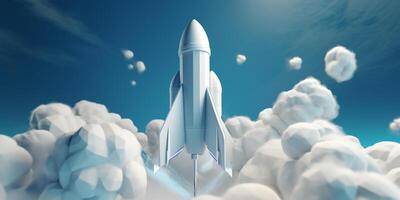 White Rocket Model Flying Through Cloudy Blue Skies as a Symbol of Startup Success and Innovation photo