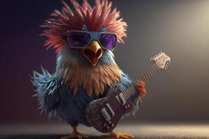 Rocking Chicken A Crazy Hen with a Guitar Playing Rockstar on Stage AI generated photo