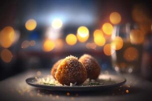 tomar un mordedura de Italia delicioso y auténtico Arancini arroz pelotas ai generado foto