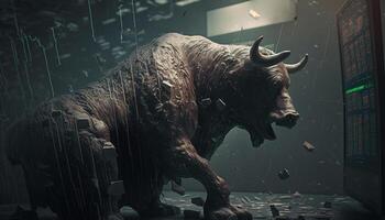 Tempestuous Crash A Mystical Image of a Furious Bull during a Stock Market Crash photo