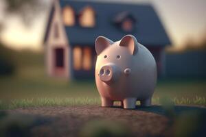 Saving for the Dream Home Piggy Bank with Blurred House in Background photo