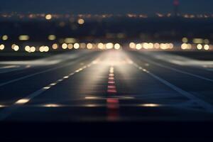 Noche ver de avión pista con terminal luces ai generado foto