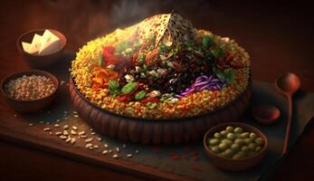 Savor the flavors of India with Bhelpuri A mouth-watering dish served steaming against a dark backdrop photo