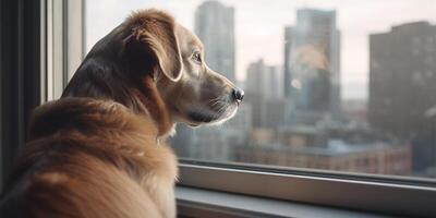 Longing Views A Dog Gazing Out of a High-Rise Window Onto a Bustling Cityscape photo