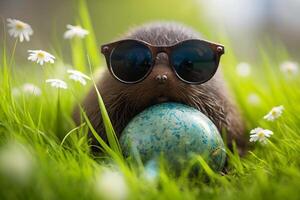 Illustration of funny mole with easter egg on a green meadow content photo