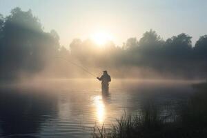 Fishing at Dawn Angler in the misty lake with fishing rod AI generated photo