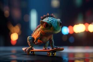 Skating through the city A cool photorealistic cartoon chameleon on a skateboard photo