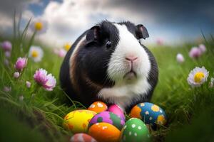 Cute guinea pig is sitting between many Easter eggs photo