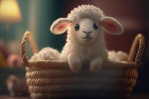 acogedor mullido oveja en un tejido cesta de suave lana ai generado foto