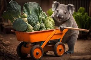 Koala gardening with a wheelbarrow full of vegetables Content photo