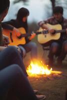 Campfire Jam Session Friends Playing Guitar and Singing by the Fire photo