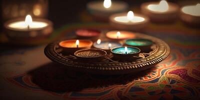 vibrante festivo decoraciones con vistoso velas para indio diwali celebraciones ai generado foto