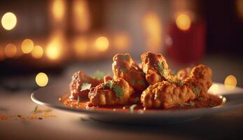 Zesty Chicken Tikka Masala - A classic Indian dish steaming against a dark backdrop AI generated photo