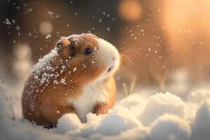 Cute guinea pig illustration in winter with snow photo