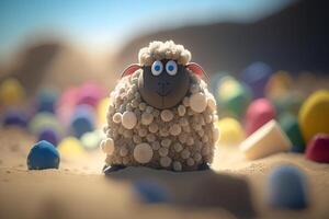 Cute Little Sheep Playing in the Sand on the Beach photo