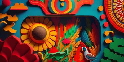 vibrante mexicano Arte vistoso patrones, ropa, cifras, y artesanía ai generado foto