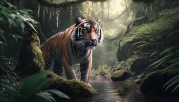 majestuoso chino Tigre itinerancia mediante el selva ai generado foto
