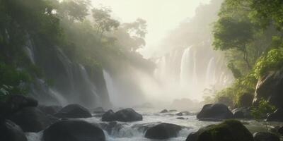 serenidad en el selva un río corriendo mediante el verdor ai generado foto