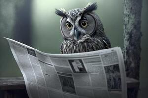 Wise owl catches up on current events by reading the newspaper photo