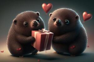 Illustration two funny moles with hearts and gifts Valentine's Day Wedding Anniversary Mother's Day content photo