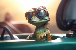 Driving in Style A Funny Chameleon in Glasses Behind the Wheel photo