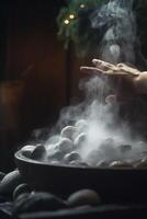 goteante agua en caliente piedras en sauna lleno de vapor relajación ai generado foto