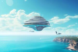 City in the Sky AI-powered Flying Cities and Spaceships over the Azure Sea photo