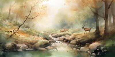 Gentle Encounter A Watercolor Painting of a Deer by a River in a Forest photo