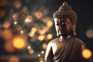 Close-up of golden Buddha statue with bokeh background photo