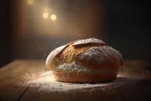 recién horneado italiano ciabatta un pan en de madera antecedentes ai generado foto